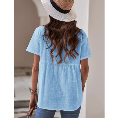 Womens XL Button Down Shirts Cotton Summer Tops V Neck Short Sleeve Shirt Collar Blouse Casual Plain Tshirt Work Tops