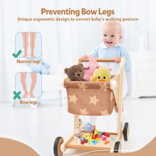 Asweets 2 in 1 Wooden Baby Walker Push and Pull Doll Stroller, Shopping Cart Learning Walker for Boys and Girls, Sit Stand Learning Toddler Toy (Brown)