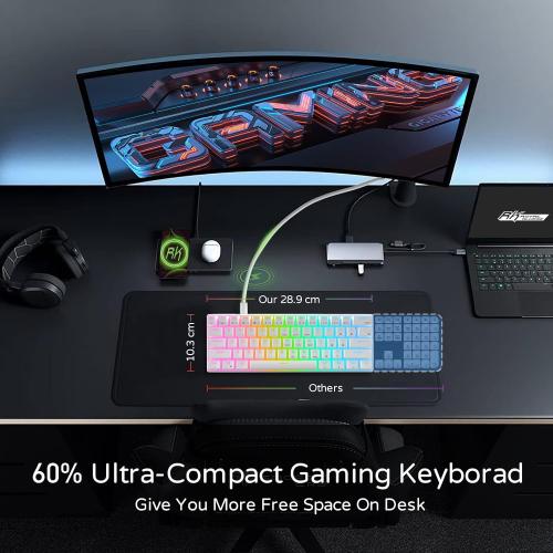 RK ROYAL KLUDGE RK61 Wired 60% Mechanical Gaming Keyboard Programmable QMK/VIA RGB Backlit 61 Keys Ultra-Compact Hot Swappable Red Switch White