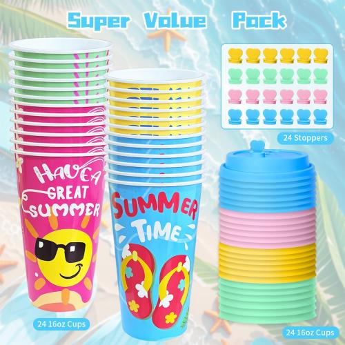 24 Pack Beach Party Favors Goodie Cups, 16OZ Pool Luau Theme Party Decorations Plastic Cups, Summer Birthday for Kids Supplies with Lids Plugs