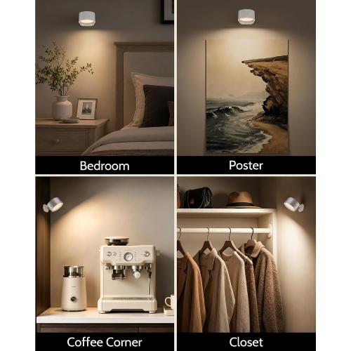 LED Wall Mounted Lights, Rechargeable Wall Sconces, 3 Color Temps, Remote & Touch, 360° Rotating and Dimmable for Bedroom, Bedside & Reading (White, 2 Pack)