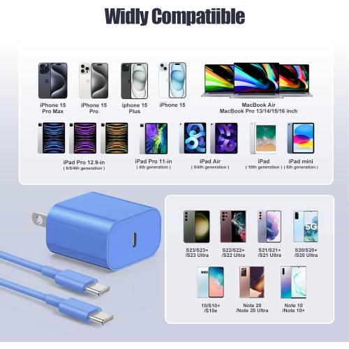 iPhone 17 16 15 Charger Fast Charging Block,10ft USB C to C Cable Cord Long and 20W Type C Charger Plug for Apple iPhone 17 Pro Max/16 Pro/15 Plus/15/AirPods/iPad Air/Mini/Power Adapter-Blue