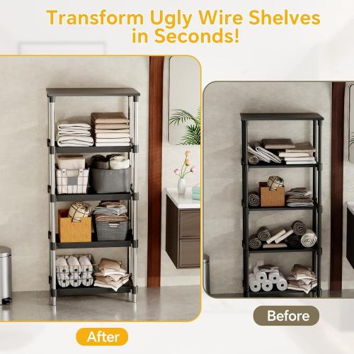 4 PCS Wire Rack Covers for Pantry Wood Grain, 33'' W * 16'' D (Ready to Use) Faux Wood Shelf Covers for Wire Shelving, Rustic Closet Shelves Covering Toppers - Bathroom, Kitchen, Garage (Black)