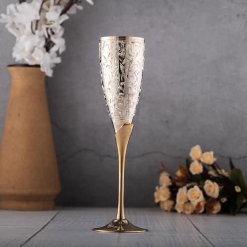 Pure Brass Silver Coated Champagne Glass Set of 2 - Encarved Goblet Champagne Flutes Glasses Comes with Valvet Blue Gift Box - Ideal for Wine Baverage Juice & More 100ml