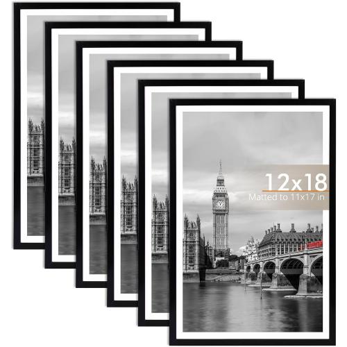 Fixwal 12x18 Picture Frame Set of 6 with Plastic Cover, PVC, Black | Shatter Resistant Plastic Cover, Thin Border and Light Weight，Wall Decor