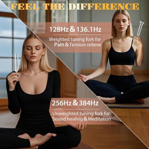 Tuning Forks for Healing(128Hz, 136.1Hz, 256Hz, 384Hz),Weighted & Unweighted Tuning Forks Set with Vegan Leather Pouch &Activator, For Chakra/Sound Therapy/Yoga/Meditation