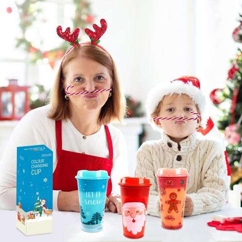 6pcs Christmas Color Changing Hot Cups with Lids, Plastic Reusable Hot Coffee Cups for Adults Kid Winter Christmas Holiday Birthday Party Cups Tumblers, 16 Oz