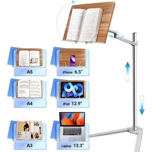Shikha Book Stand for Reading, Hands-Free Holder for Laptop Phone Tablet with Wooden Pad, Rotated and Liftted Metal Support, 2 Spring Clips.