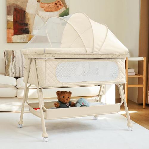 Baby Crib, Baby Bassinets Bedside Sleeper with Breathable Mesh & Mattress, Easy Move Crib for Newborns with Lockable Wheels, 4-Adjustable Height Bedside Bassinet (Beige)