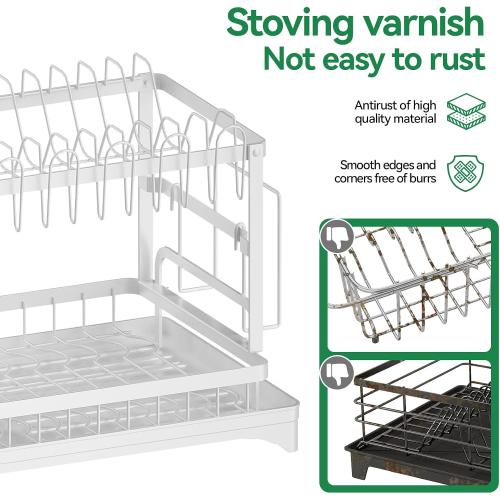 2-Tier Dish Drying Rack with Drainboard, Sink & Countertop Metal Dish Rack Organizer, Dish Drainers for Kitchen Counter, White Dish Racks