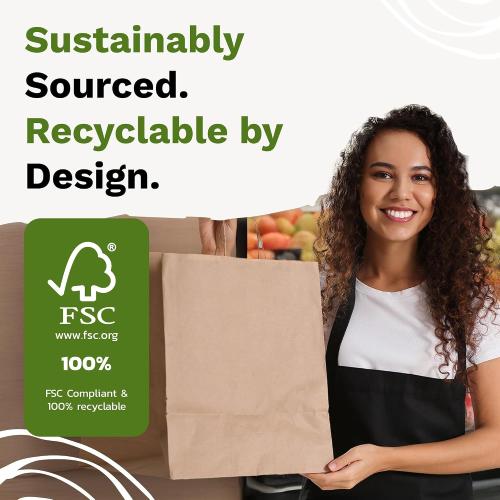 EKOBAGS SIENNA 100 | Extra Large 12x8x13 Heavy Duty Kraft Paper Gift Bags with Handles | 115 GSM Premium Brown Paper Bags Bulk for Small Business, Boutique, Shopping, Catering | FSC Certified, Recyclable | Holds 10 lbs