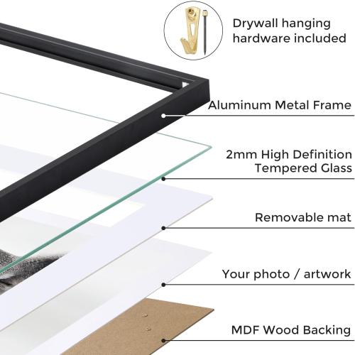 27x40 Metal Picture Frame with 24x36 Mat, Brushed Aluminum Finish, Tempered Glass Front, and Attached Hanging Hardware - Versatile Wall Display Frames for Vertical or Horizontal Orientation(Black,