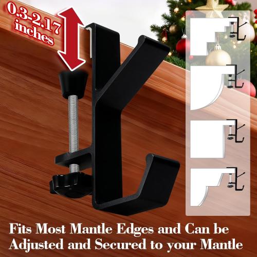 4 Pack Stocking Holders for Mantle for Christmas Decorations,2 in 1 Mantle Garland Holder for Hanging Christmas Stockings,No Drilling Required & Adjustable Garland Hanger, Metal(Black)