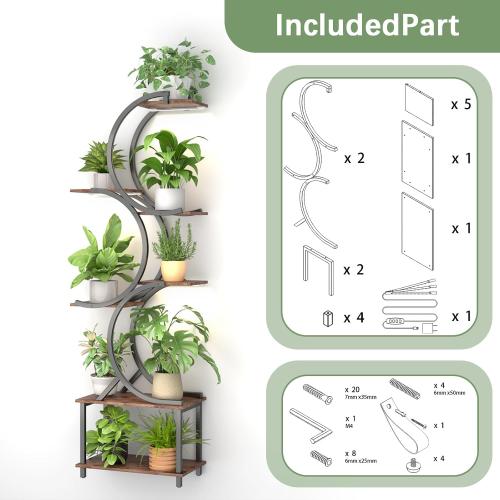 Rustic Brown and Black Plant Stand Indoor with Grow Lights, 65 inch Tall Plant Shelf for Multiple Plants, 7 Tiered Metal Plant Stands Indoor, for Living Room, Corners Patio Balcony or Office (Rustic Brown)