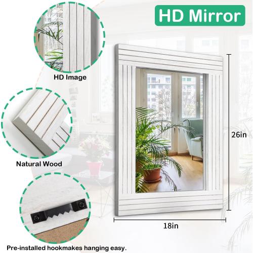 Rustic Wall Mirror, Rectangular Vintage Wood Framed Large Mirror for Living Room, Bathroom, Bedroom & Entrance - White, 26 x 18