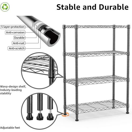 1000 lbs Storage Shelving Steel Heavy Duty 4-Tier Utility Shelving Unit Steel Organizer Wire Rack for Home,Kitchen,Office,Black (13.7 D x 23.6 W x 53.4 H)