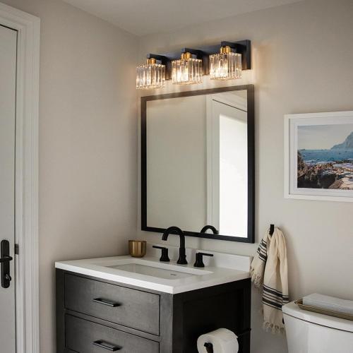 Black Gold Crystal Bathroom Vanity Light 3-Lights Modern Bathroom Lighting Fixtures Over Mirror, Wall Light Fixtures