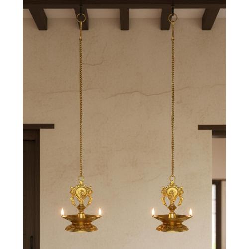 StonKraft - Pair of Brass Hanging Diya, Oil Lamp, Lamp for Home and Office (Hanging Length 25.75)