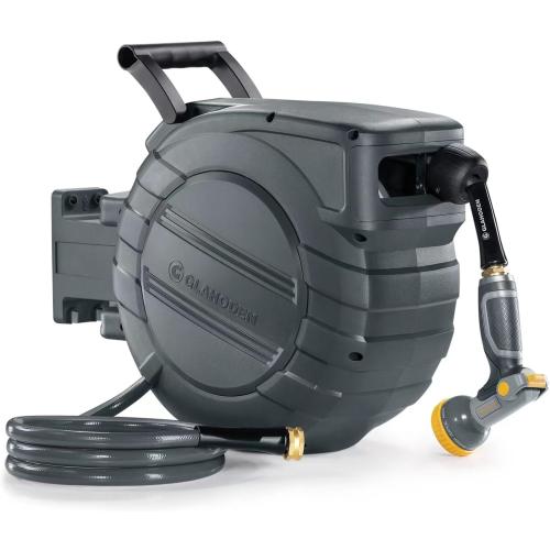 Retractable Garden Hose Reel 5/8 in x 90 ft, 2025 Upgraded Dual Ratchet Lock UV & Freeze Protection Brass Seal Slow Retraction Anti-Tangle Hose 180°Swivel Reinforced Scaffold Wall Mount