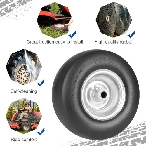 2pack 11x4.00-5 Flat Free Solid Tubeless Tire w/Silvery Steel Rim Fits Zero Turn Mowers, 3.4-4-4.5-5 Centered Hub, Bore ID: 3/4 or 5/8, Come with Universal Adapter Kit, Set of 2