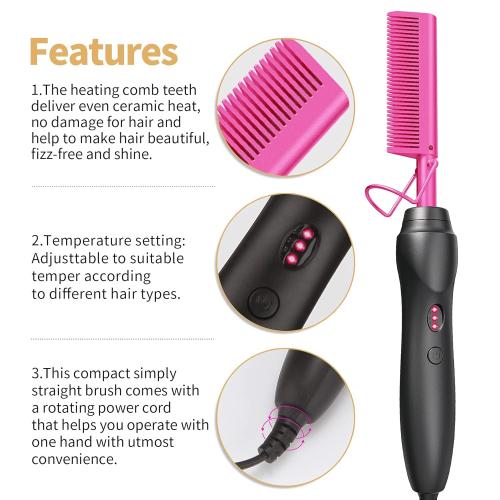 Hot Comb Hair Straightener Pressing Combs - Ceramic Electric Straightening Comb for Natural Black Beard Wigs Holiday Gift- Pink