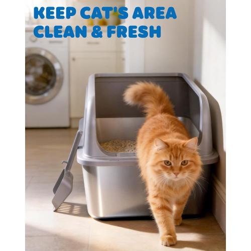 Powools Stainless Steel Cat Litter Box, High-Sided, Grey, XL (1 Pack) | Metal Litter Box with Scoop, Anti-Leakage Top Entry, Non-Sticky, Easy to Clean, 6-Inch Splash-Proof Deep Pan