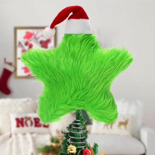 Plush Star Tree Topper with Santa Hat Furry Star Treetop Christmas Tree Toppers Ornaments Xmas Home Holiday Decoration 9 (Green)