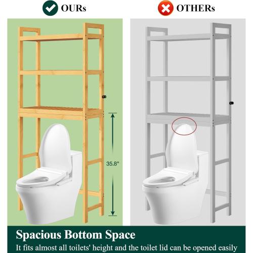 Smiry Over The Toilet Storage Cabinet, 3-Tier Bamboo Bathroom Organizers with Adjustable Shelf & 4 Hooks, Space Saving Shelf Rack for Bathrooms, Laundry Room, Balcony, Natural