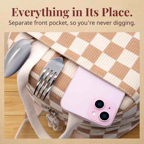LOVELYWIND Lunch Box for Women, Insulated Lunch Bag,Beige Checkered Tote