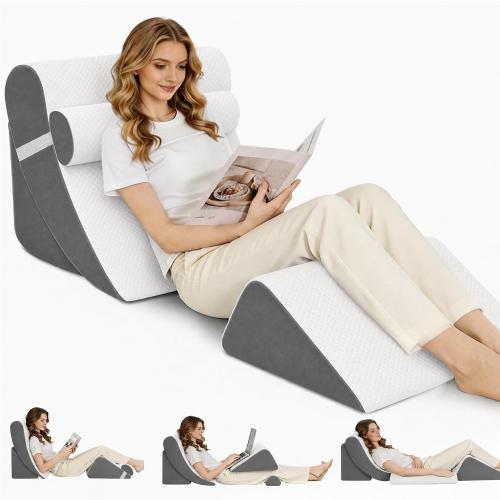 4PCS Orthopedic Bed Wedge Pillow Set for Post Surgery & Pain Relief, Adjustable Wedge Pillow for Back,Acid Reflux,Sitting up in Bed,Recovery,Snoring,Body Pillow for Sleeping (White/Dark Grey)