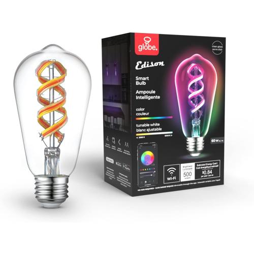 GLOBE Electric 35847 Wi-Fi Smart 7W (60W Equivalent) Spiral Filament Multicolor Changing RGB Tunable White Clear LED Light Bulb, No Hub Required, Voice Activated, 2000K - 5000K, ST19 Shape, E26 Base