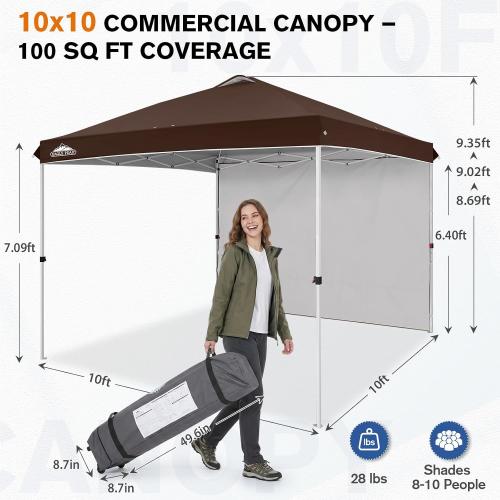 EAGLE PEAK Commercial Canopy 10x10 Pop Up Canopy Tent with 1 Sidewall, Easy Setup Heavy Duty Instant Event Shelter for Vendors & Markets, Outdoor Sun Shade, Brown