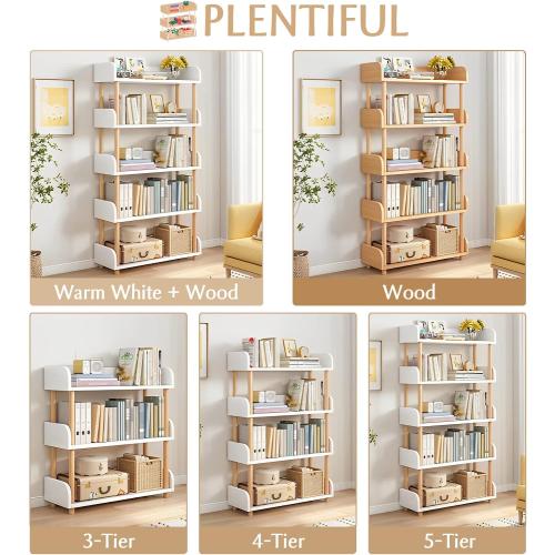 OSCHF 5-Tier Wooden Open Bookcase - Modern Display Bookshelf with Top Edge and Solid Wood Frame for Home and Office, Storage Cabinet, Warm White