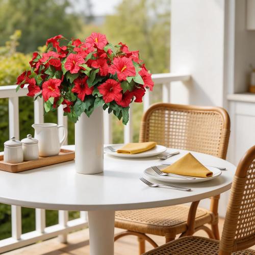 Artificial Outdoor Flowers UV Resistant Faux Petunias Silk Flower Faux Flowers Fake Plants for Garden Patio Window Box Home Porch Decor 4 Bundles (Red)