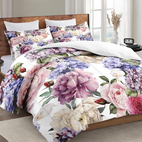 White and flowers King Size Comforter Set with 2 Pillowcases, Painting Floral Rose Flower Hydrangea Soft 3 Pcs Bedding for Kids and Adults Bedroom Bed Decor