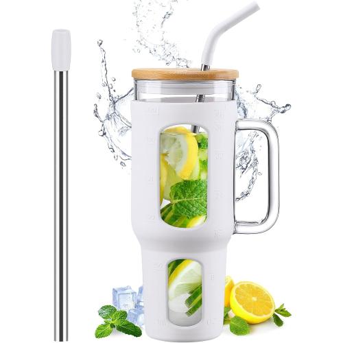 Glass Tumbler with Lid and Straw, 46 oz Iced Coffee Cup with Handle, Large Water Bottles with Silicone Sleeve, Glass Cup with Straws - Pearl Straw & Drinking Straw BPA Free-White