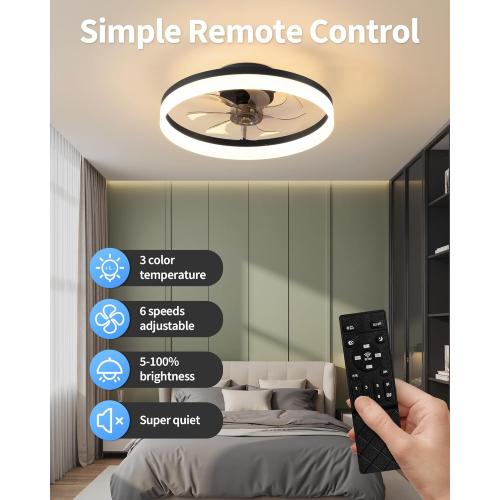 PUSU 15.8 Low Profile LED Ceiling Fans with Light, Reversible Flush Mount with Remote and 6 Winds Speeds Fan Lighting, 3 Colors Dimmable for Bedroom, Garage, Kids, Dinning Room, Kitchen (Black)