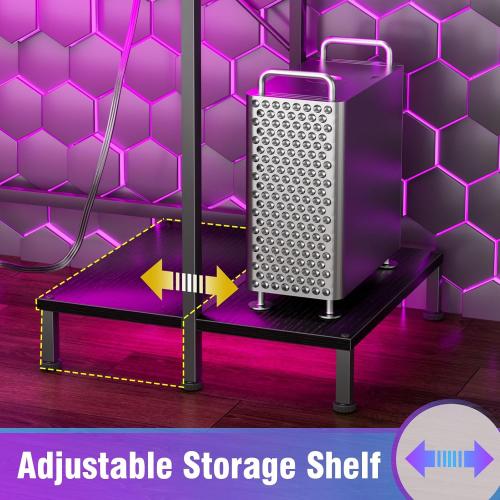 Computer Gaming Desk with Hutch, Home Office Desk with Power Outlets, LED Light, 5 Storage Drawers, 2 Tiers Shelves for Display, 39 Inch Modern Study Writing Table for Bedroom, Black