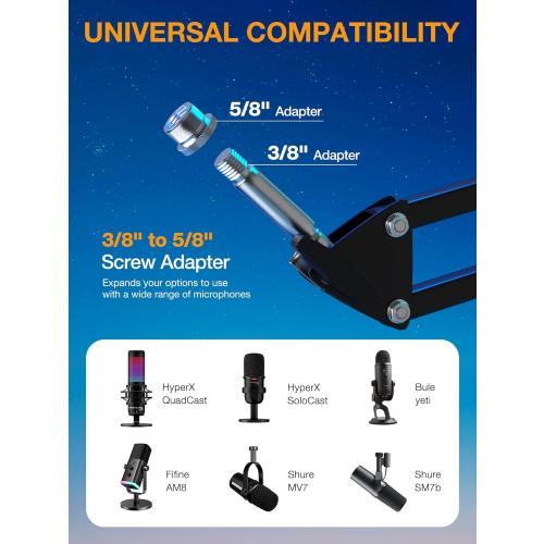 QuadCast Boom Arm, Mic Arm for Blue Yeti HyperX QuadCast SoloCast Fifine AM8 and Most Microphone, Mic Stand Desk with 3/8 to 5/8 Adapter by SUNMON