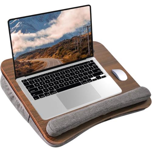 Portable Lap Desk for Laptop with Cushion, Storage Bag Fits Up to 15.6 Inch Laptop, Adults with Ipad/Phone&Pillow Holder for Home Office Bed Couch - Walnut Color