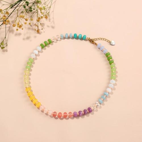 Colorful Gemstone Beaded Necklaces For Women Trendy Rainbow Natural Stone Boho Handmade Stainless Steel Waterproof Strand Necklaces Jewelry For Women Gift