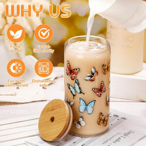 Cunhill 4 Pcs Butterfly Glass Cups Bulk Butterfly Iced Coffee Cup with Bamboo Lid and Straw 16oz Drinking Glasses Beer Can Cup for Birthday Gift Women Teacher Mom Sister