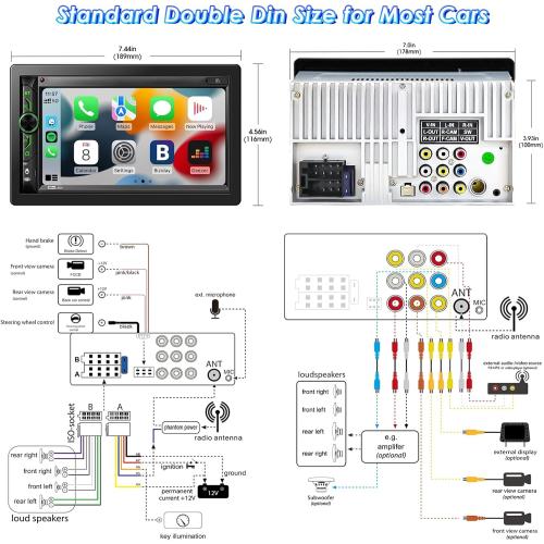 Double Din CarPlay Multimedia System: 7 Inch Touchscreen Car Stereo Receiver – Bluetooth Android Auto Car Radio with Backup Camera Mirror Link AM FM USB SD AUX Subwoofer Steering Wheel Control