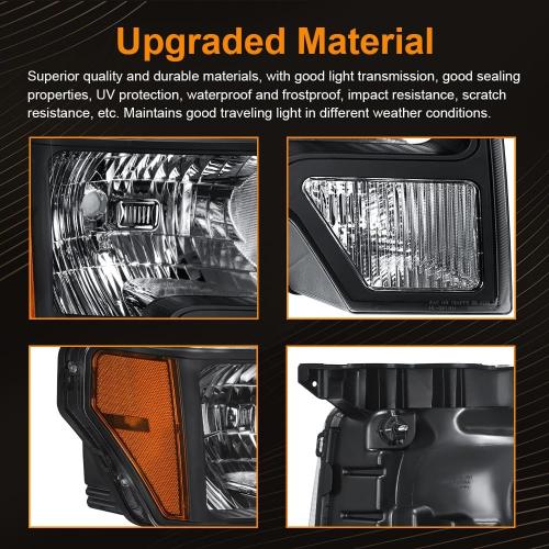 Headlight Assembly, Headlights Kit Compatible with 2009-2014 Ford F150 Replacement Headlamp Black Housing Amber Reflector