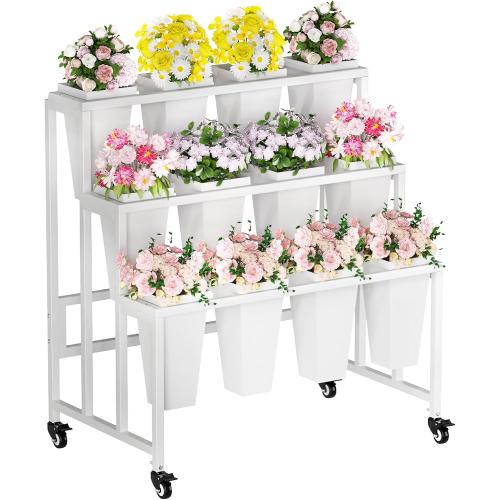 Flower Display Stand with 12 Buckets, 3 Layers Flower Bar, White Metal Plant Stand with Wheels, Heavy Duty Flower Cart for Indoor Outdoor Patio Garden Wedding Florist, White Metal Frame