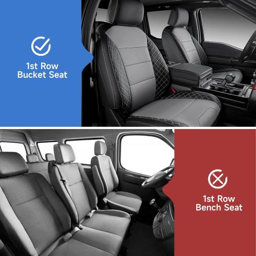 Color Black F150 Seat Covers, Custom Fit Ford 2021-2025 F150 XL XLT STX Super Crew Cab, 2023-2025 F250 F350 F450 XL XLT Crew Cab(NOT for 40/20/40 Bench Front Seat), Full Set, Leather, Black & Grey