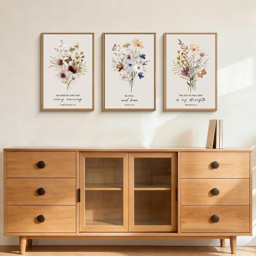 Boho Christian Floral Scripture Wall Art Set of 3, Bible Verse Flower Painting, Religious Wildflower Artwork for Living Room, Bedroom, Fireplace, Modern Botanical for Home Decor- 24X36