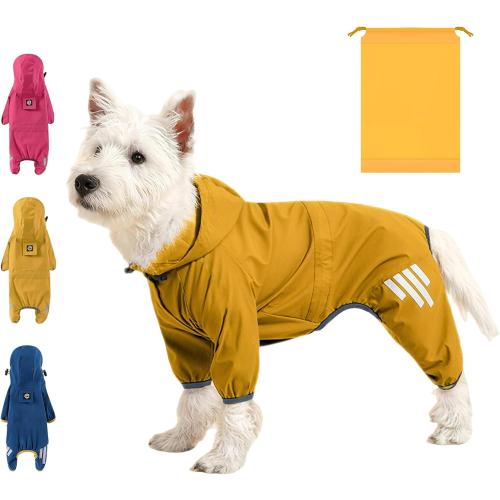 Dog rain Coat with Leash Hole and Reflective Strap - Adjustable Drawstring for Small Medium Dogs - Full-Body Coverage Water Resistant Jacket (Yellow, Small)