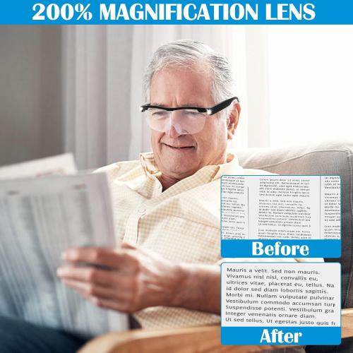 Magnifying Glasses with Light, 200% Magnification, USB Rechargeable LED Lighted Magnifying Glass, Anti Blue Light, Hands Free Head Magnifier Eyeglasses for Close Work, Hobbies, Reading, Craft（Black）