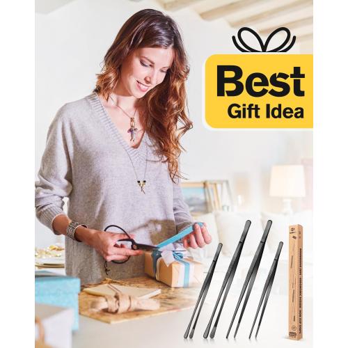 4 Pcs Fine Long Tweezer Tongs Professional Black, 12'' and 10'' Stainless Steel for Kitchen, Food, Cooking, Repairing, Sea food and BBQ